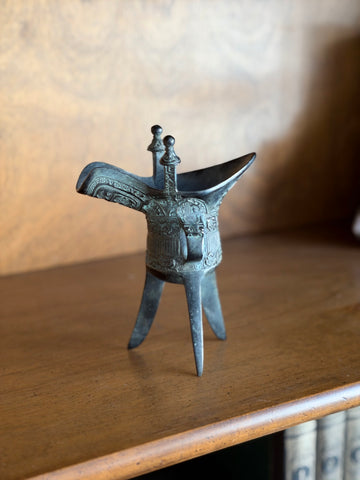Vintage Chinese Bronze Jue Tripod Libation Cup, Archaic Wine Vessel