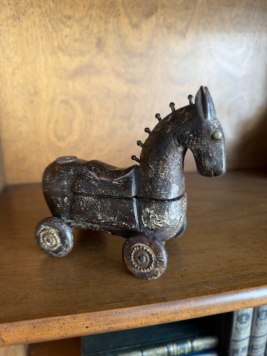 Vintage Carved Wood Horse Box on Wheels with Brass Studs
