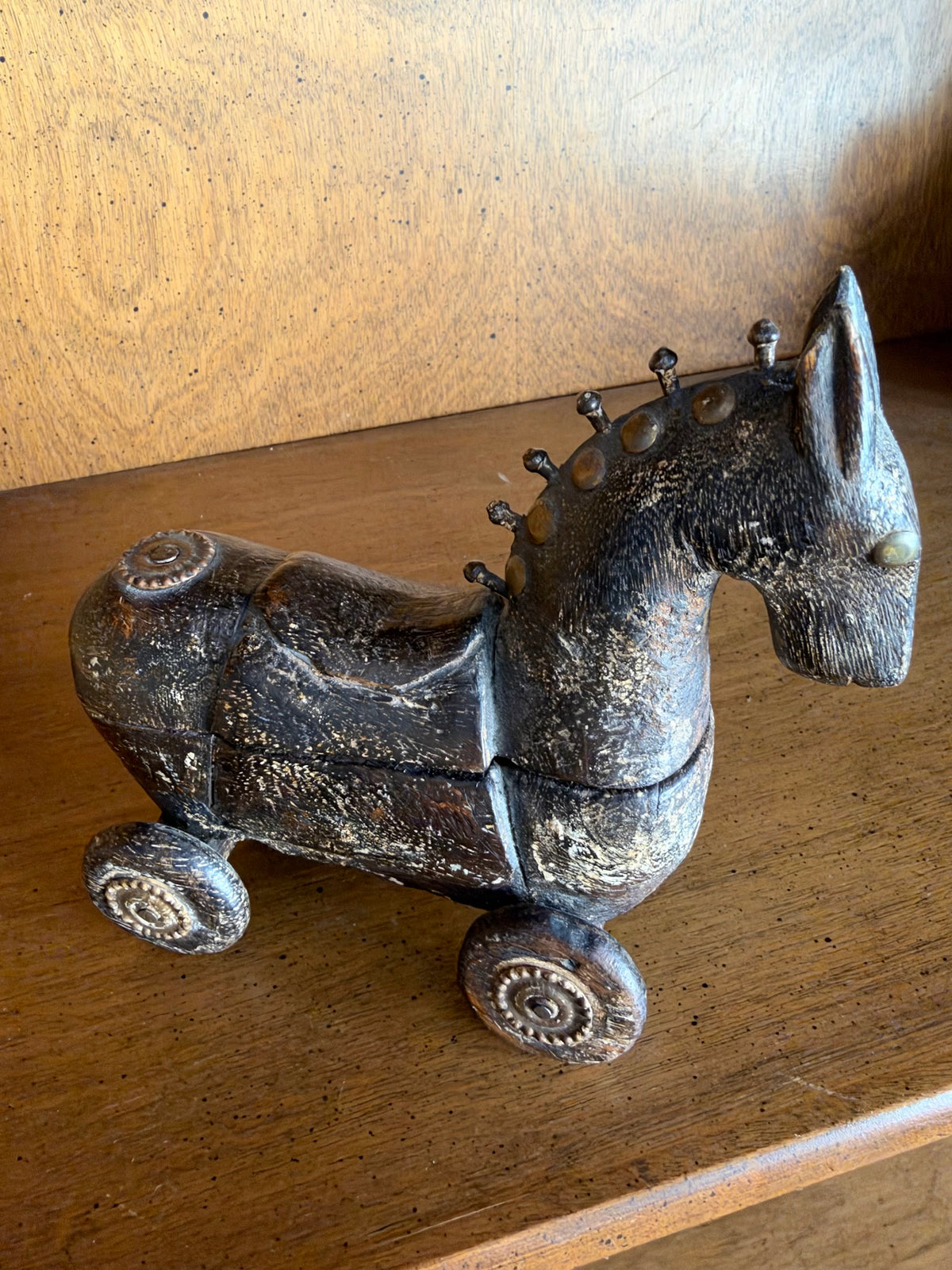 Vintage Carved Wood Horse Box on Wheels with Brass Studs view 2