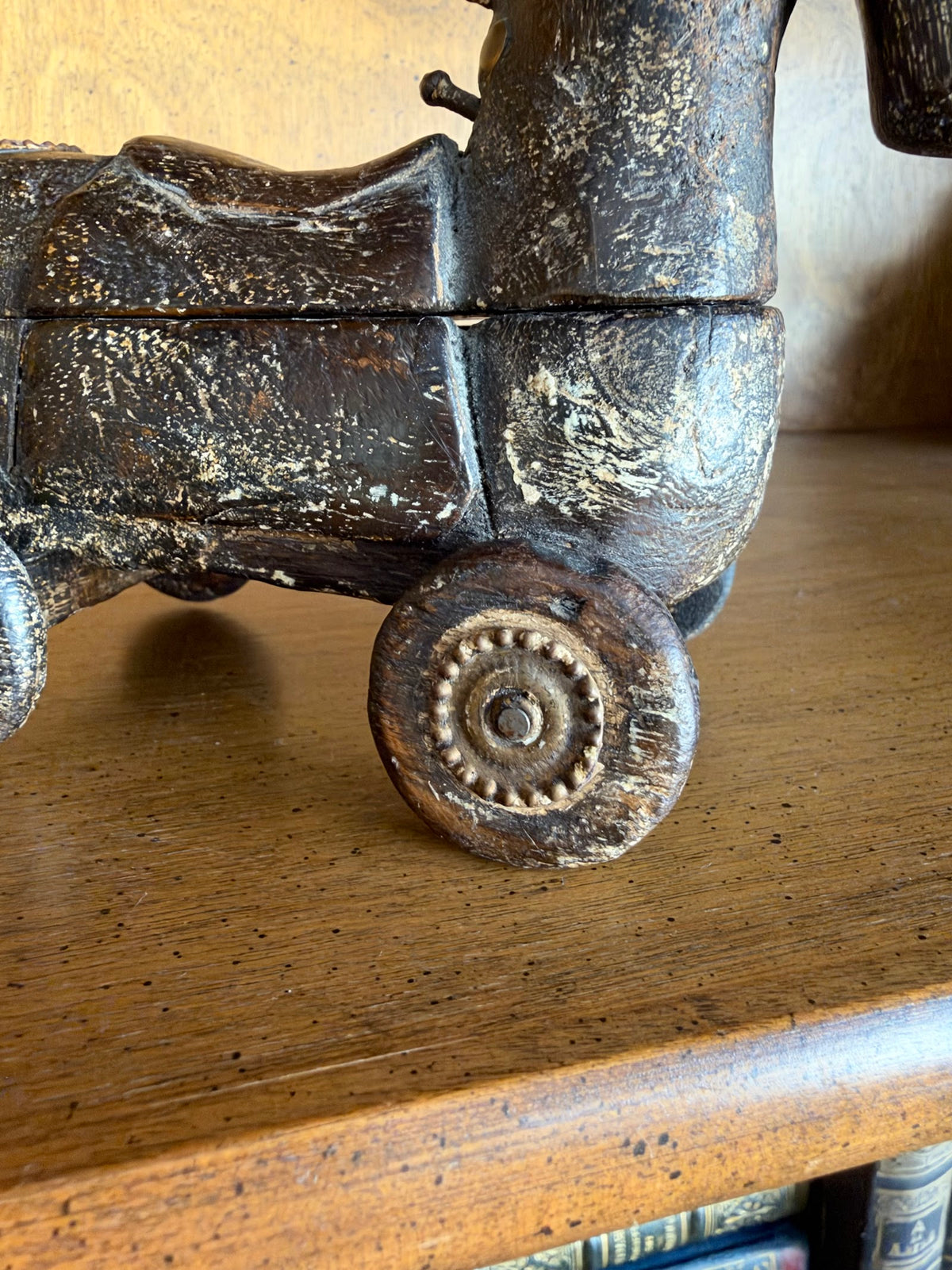 Vintage Carved Wood Horse Box on Wheels with Brass Studs view 3