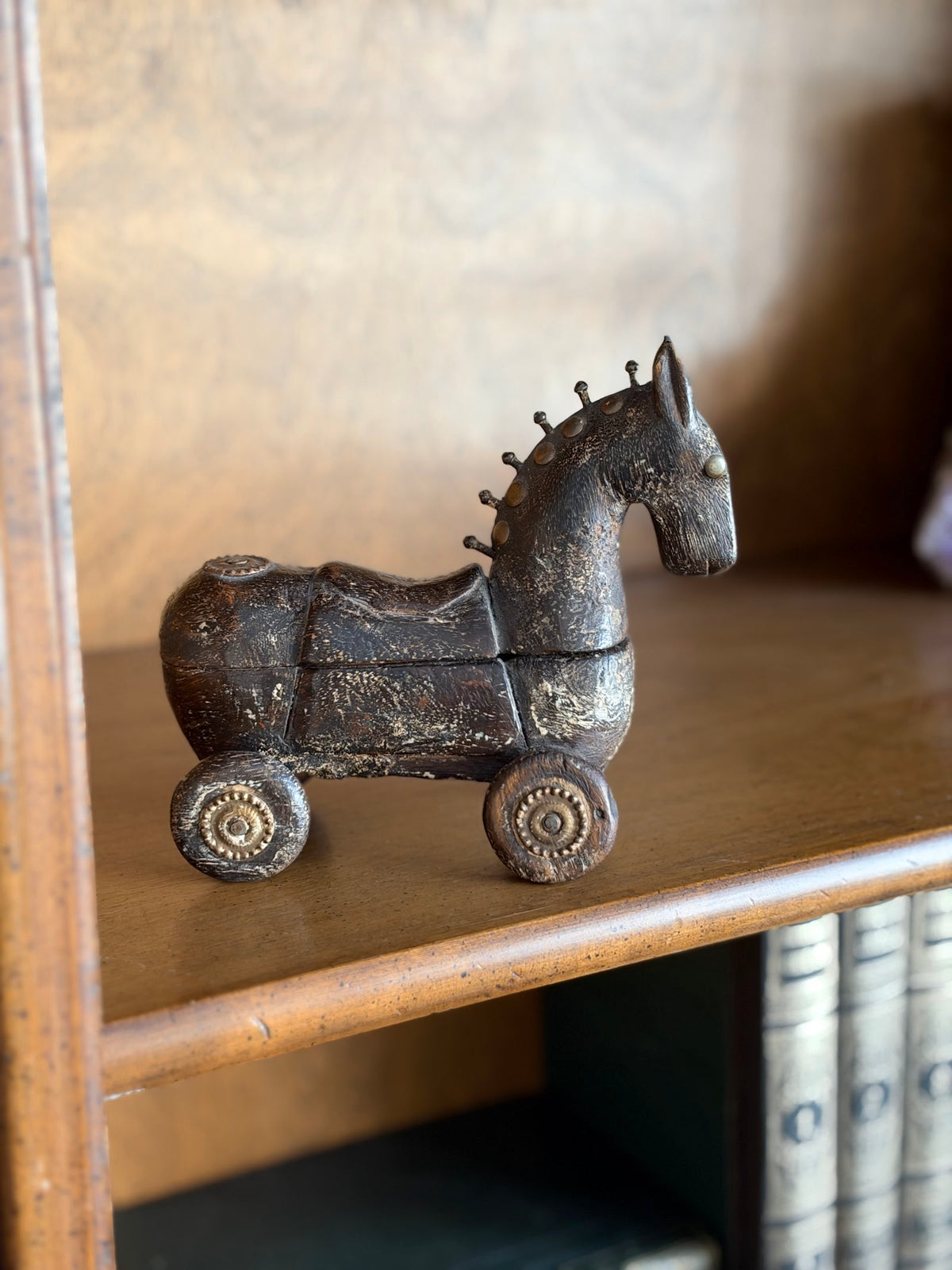 Vintage Carved Wood Horse Box on Wheels with Brass Studs view 4