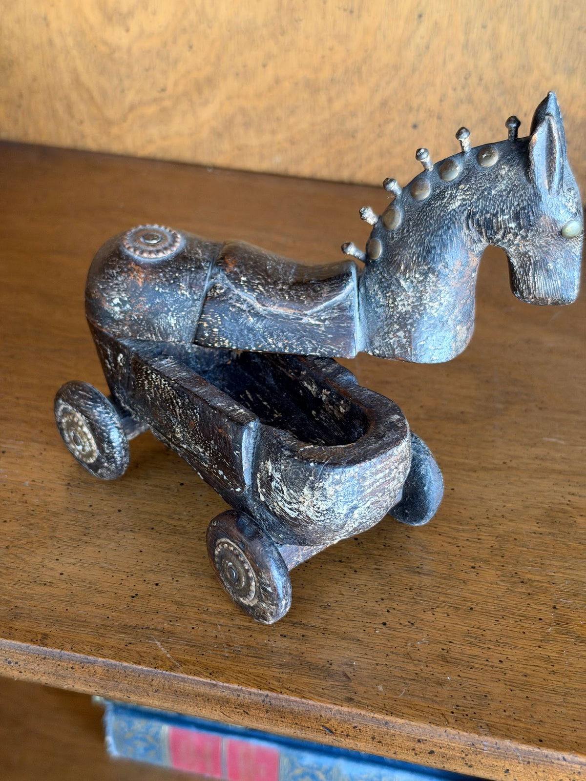 Vintage Carved Wood Horse Box on Wheels with Brass Studs view 6