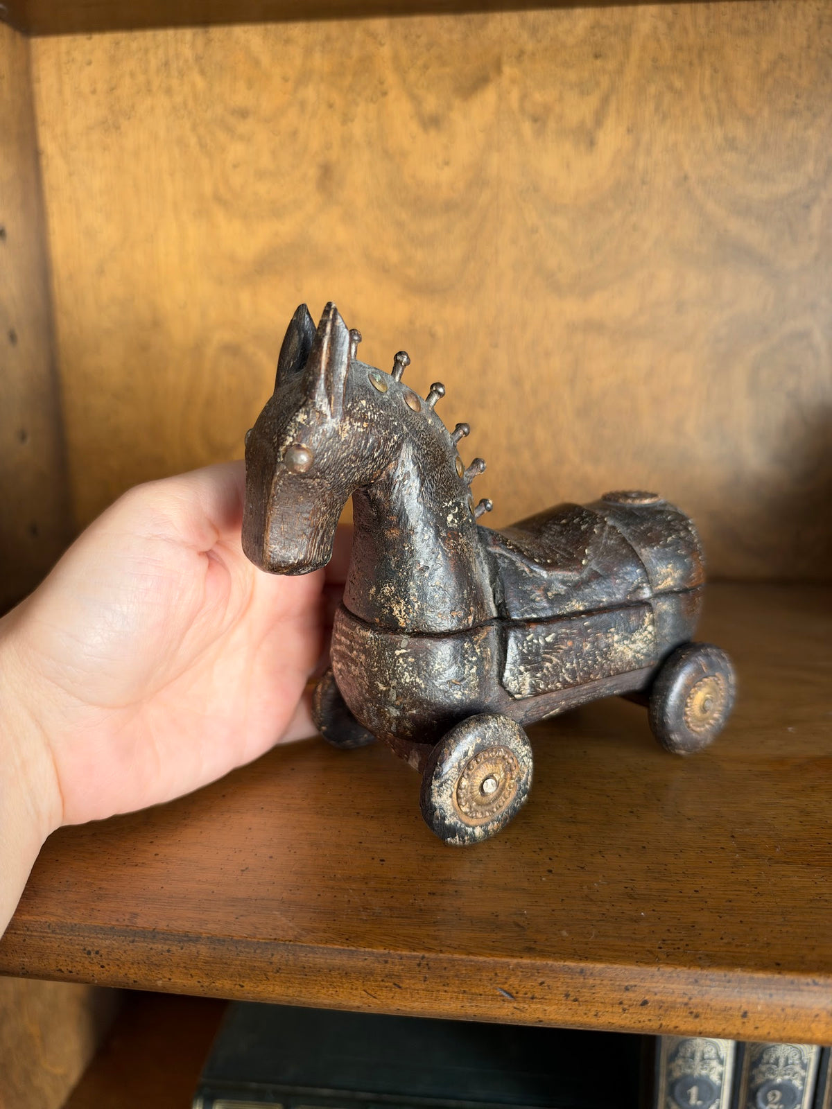 Vintage Carved Wood Horse Box on Wheels with Brass Studs view 9
