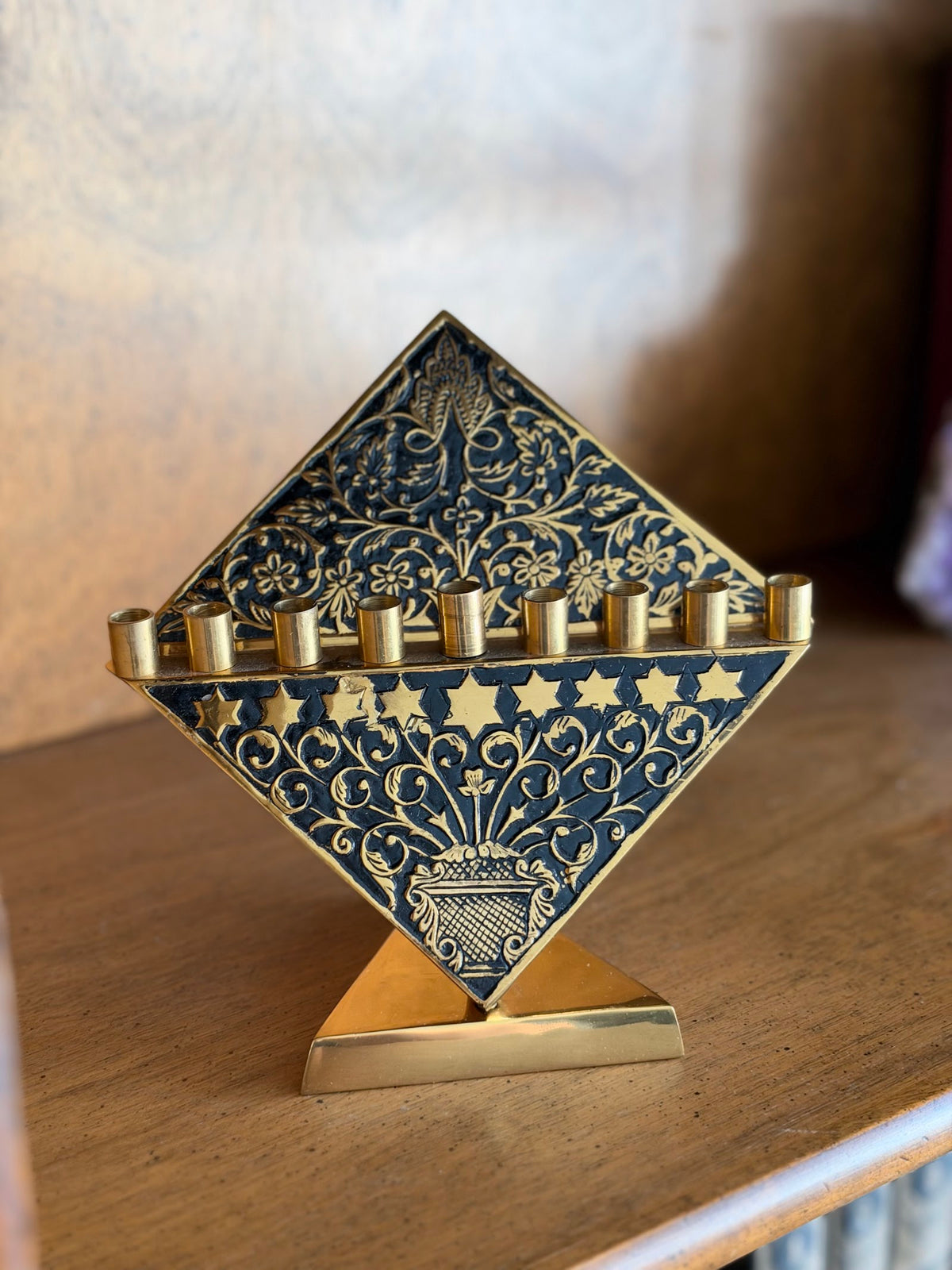 Vintage Brass Menorah with Black Enamel Diamond Plate, Made in India
