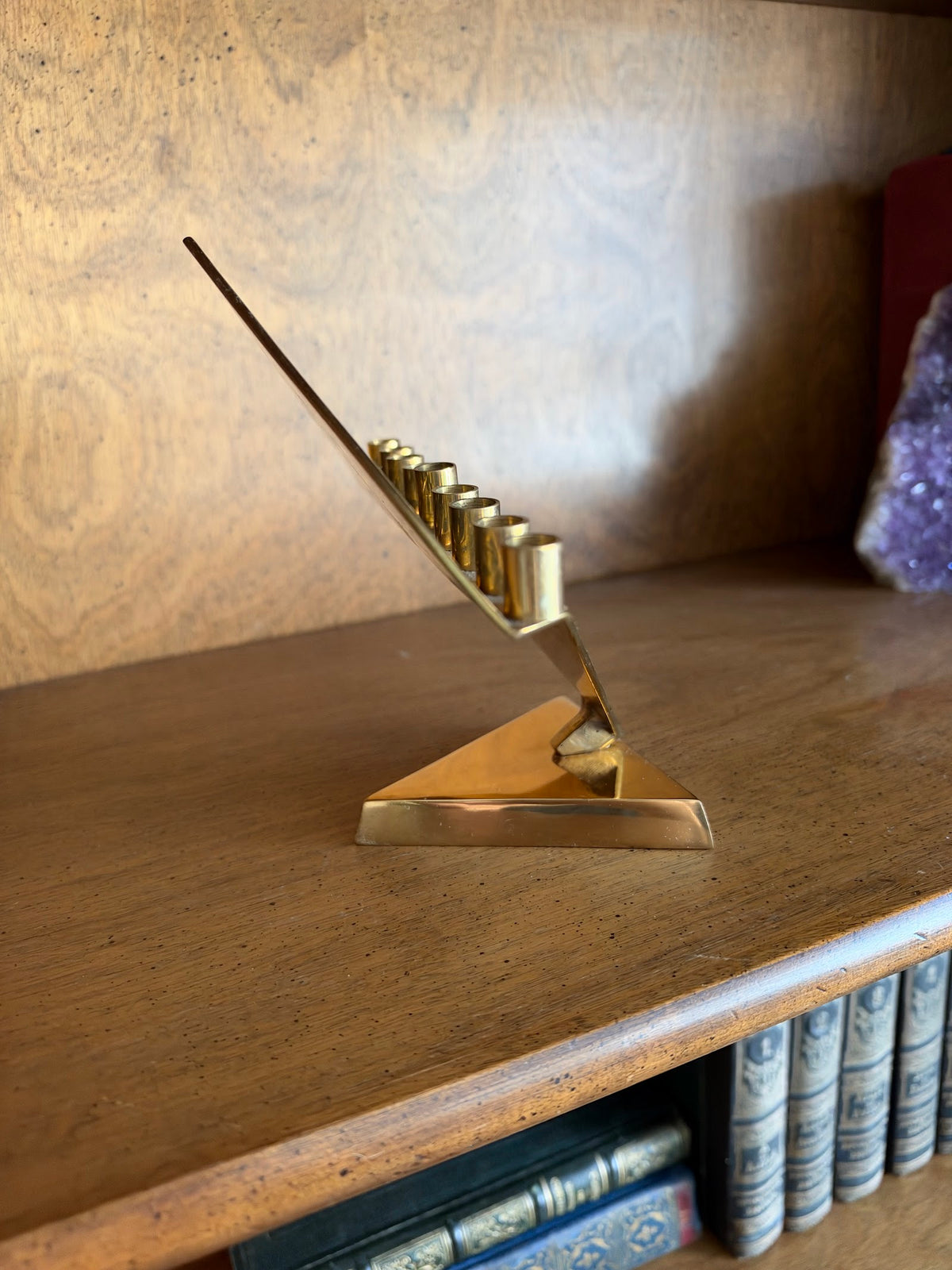 Vintage Brass Menorah with Black Enamel Diamond Plate, Made in India view 4