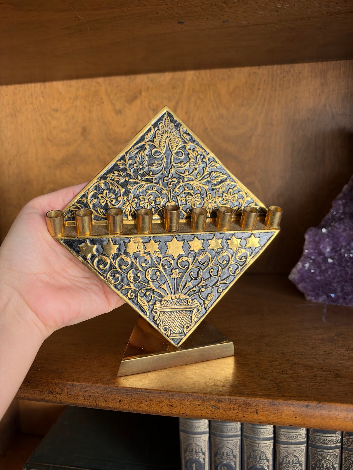 Vintage Brass Menorah with Black Enamel Diamond Plate, Made in India view 5