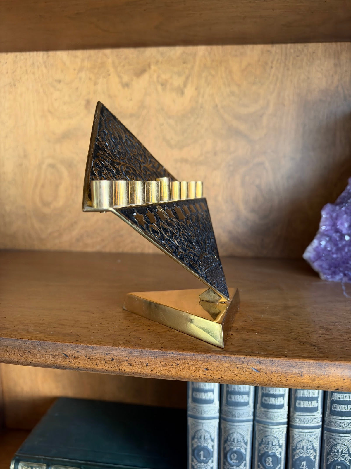 Vintage Brass Menorah with Black Enamel Diamond Plate, Made in India view 6