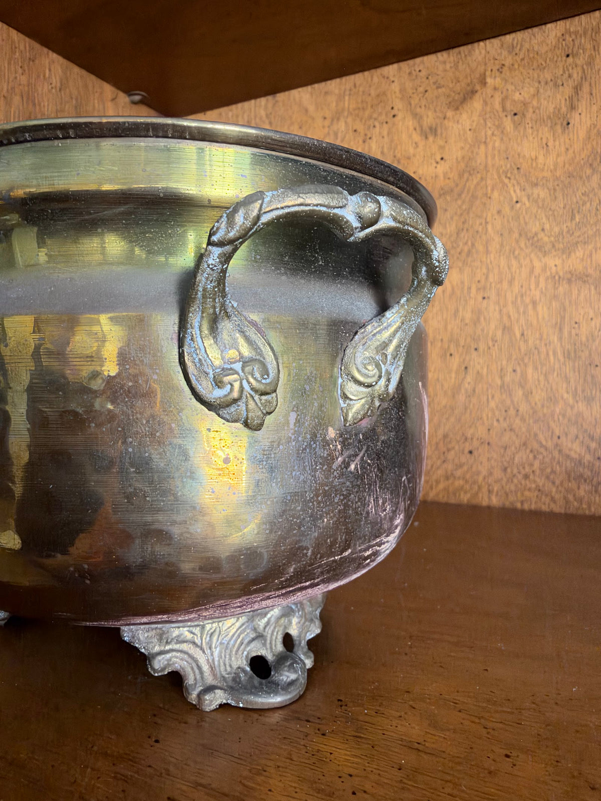 Vintage Hammered Brass Cachepot Planter with Cast Handles and Feet view 2