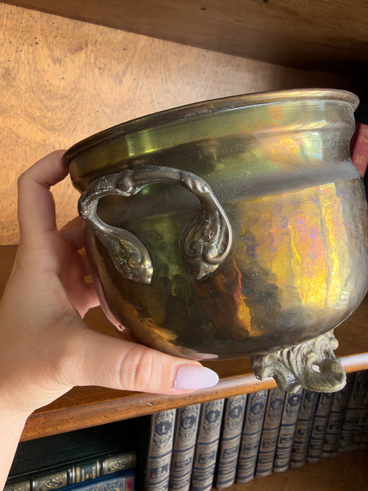 Vintage Hammered Brass Cachepot Planter with Cast Handles and Feet view 3