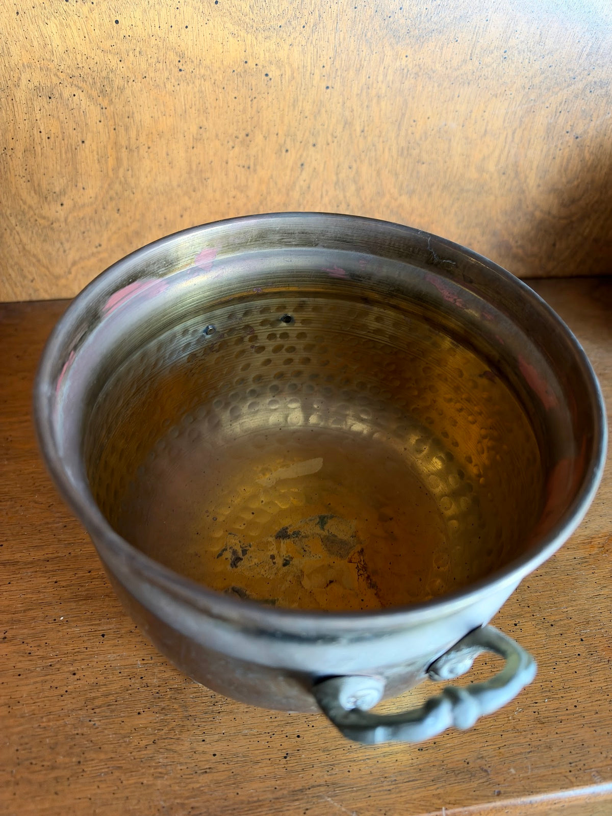 Vintage Hammered Brass Cachepot Planter with Cast Handles and Feet view 6