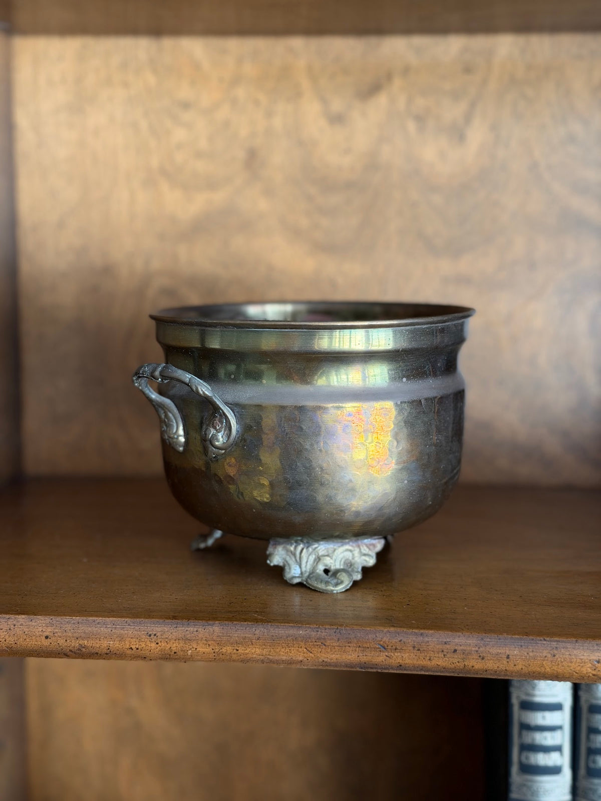 Vintage Hammered Brass Cachepot Planter with Cast Handles and Feet view 7