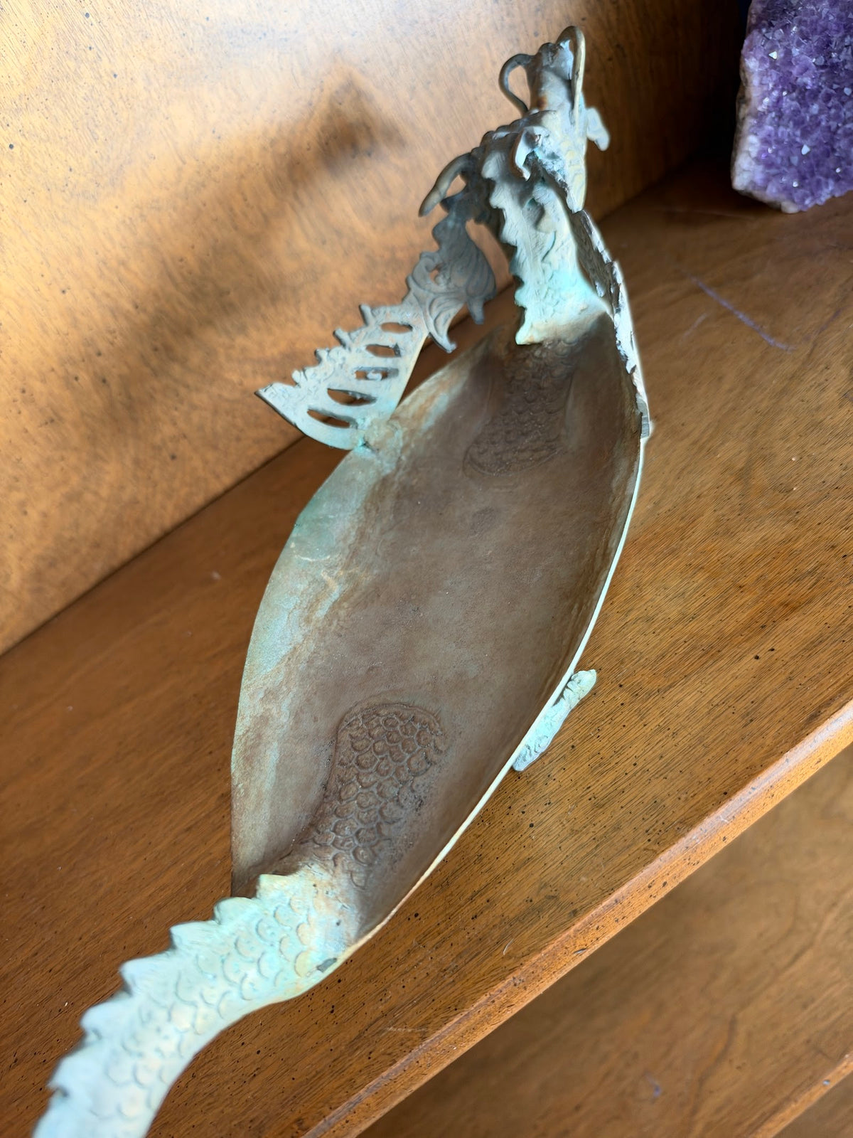 Vintage Brass Dragon Dish, Figural Pierced Fin Trinket Tray view 5