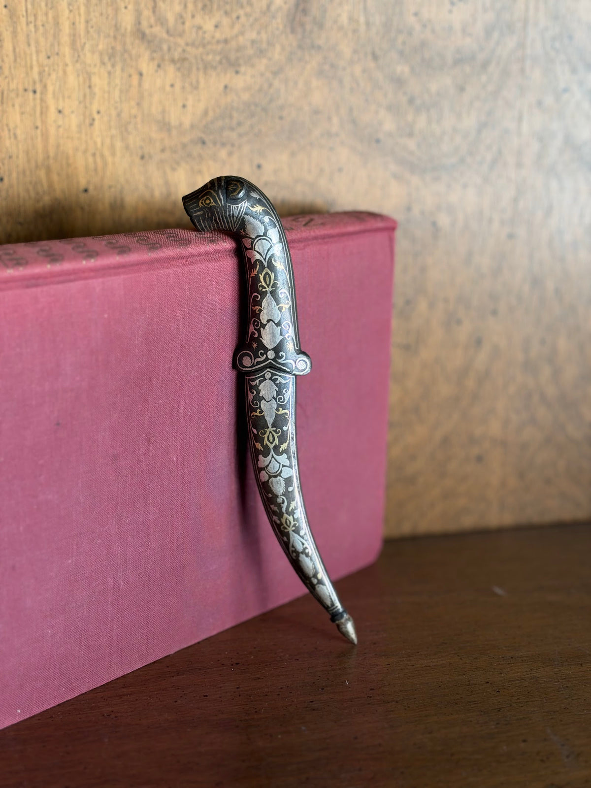 Vintage Indian Bidri Dagger, Tiger Head Handle, Silver Inlay