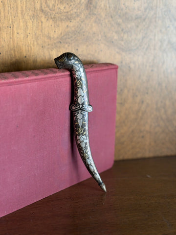 Vintage Indian Bidri Dagger, Tiger Head Handle, Silver Inlay