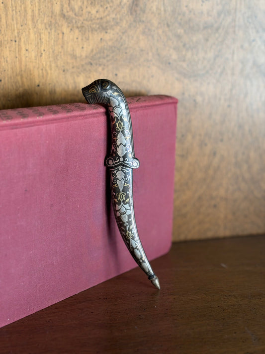 Vintage Indian Bidri Dagger, Tiger Head Handle, Silver Inlay