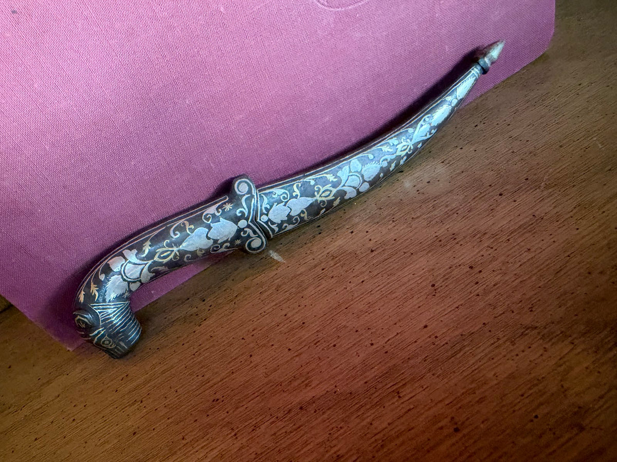 Vintage Indian Bidri Dagger, Tiger Head Handle, Silver Inlay view 2