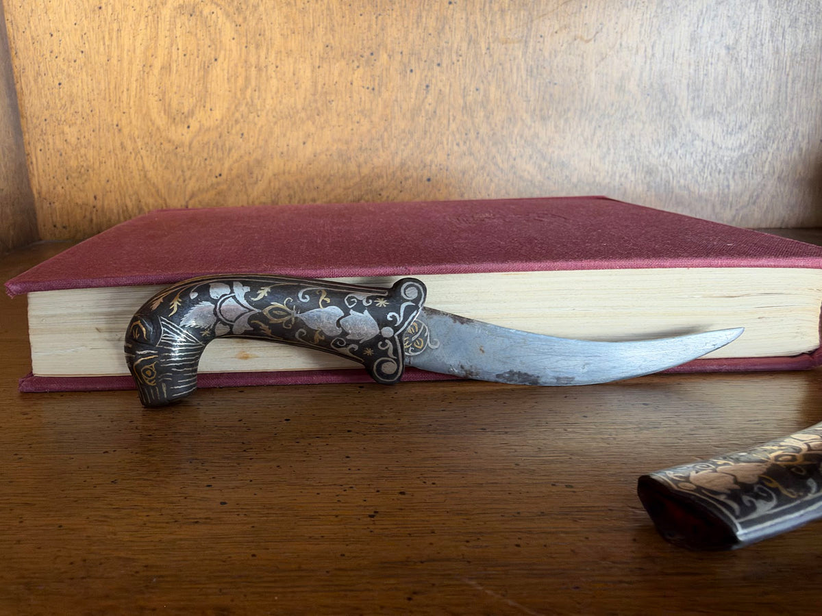 Vintage Indian Bidri Dagger, Tiger Head Handle, Silver Inlay view 3