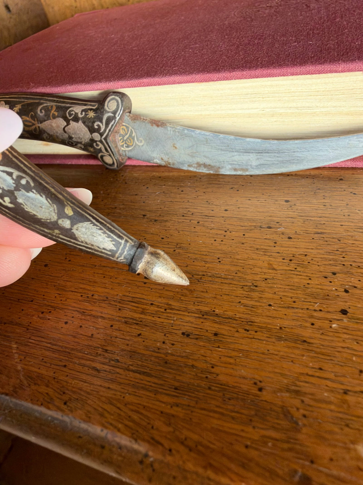 Vintage Indian Bidri Dagger, Tiger Head Handle, Silver Inlay view 5