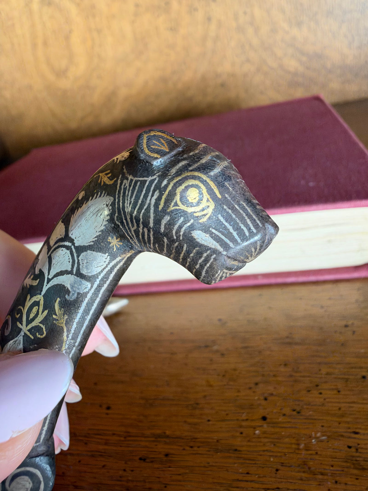 Vintage Indian Bidri Dagger, Tiger Head Handle, Silver Inlay view 6