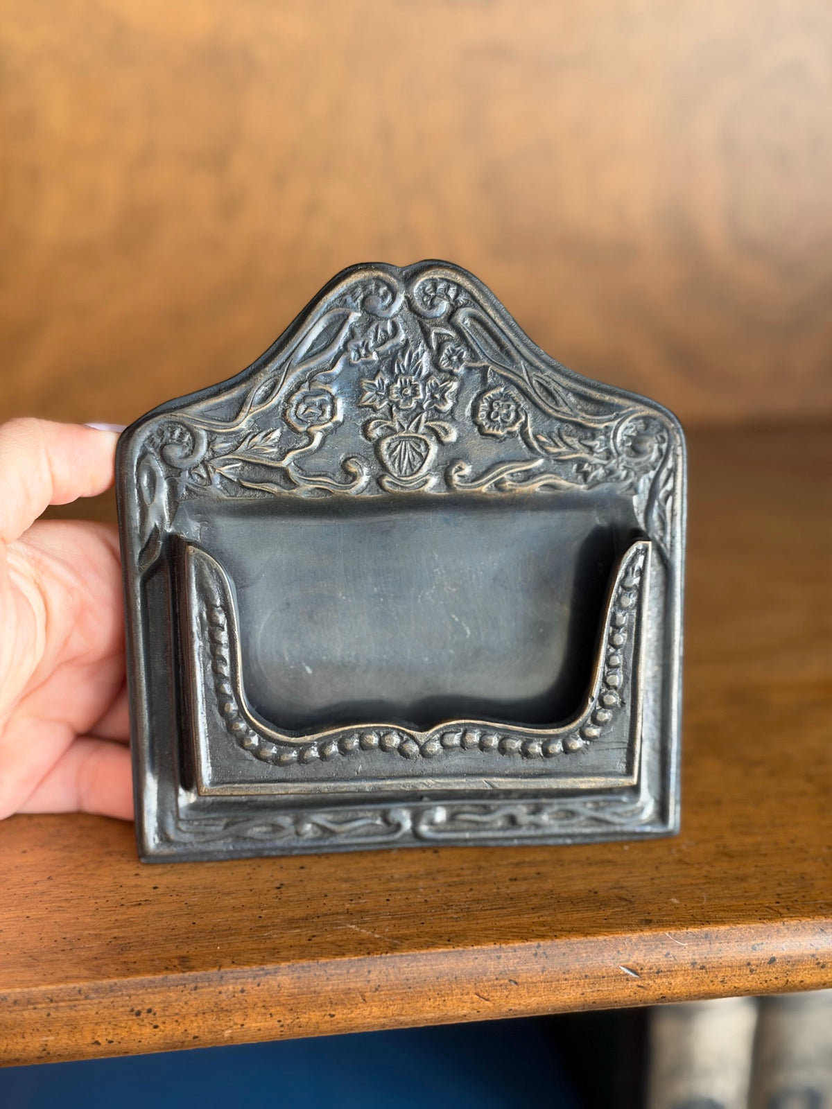 Vintage Bronze Art Nouveau Style Business Card Holder, Easel Back view 5
