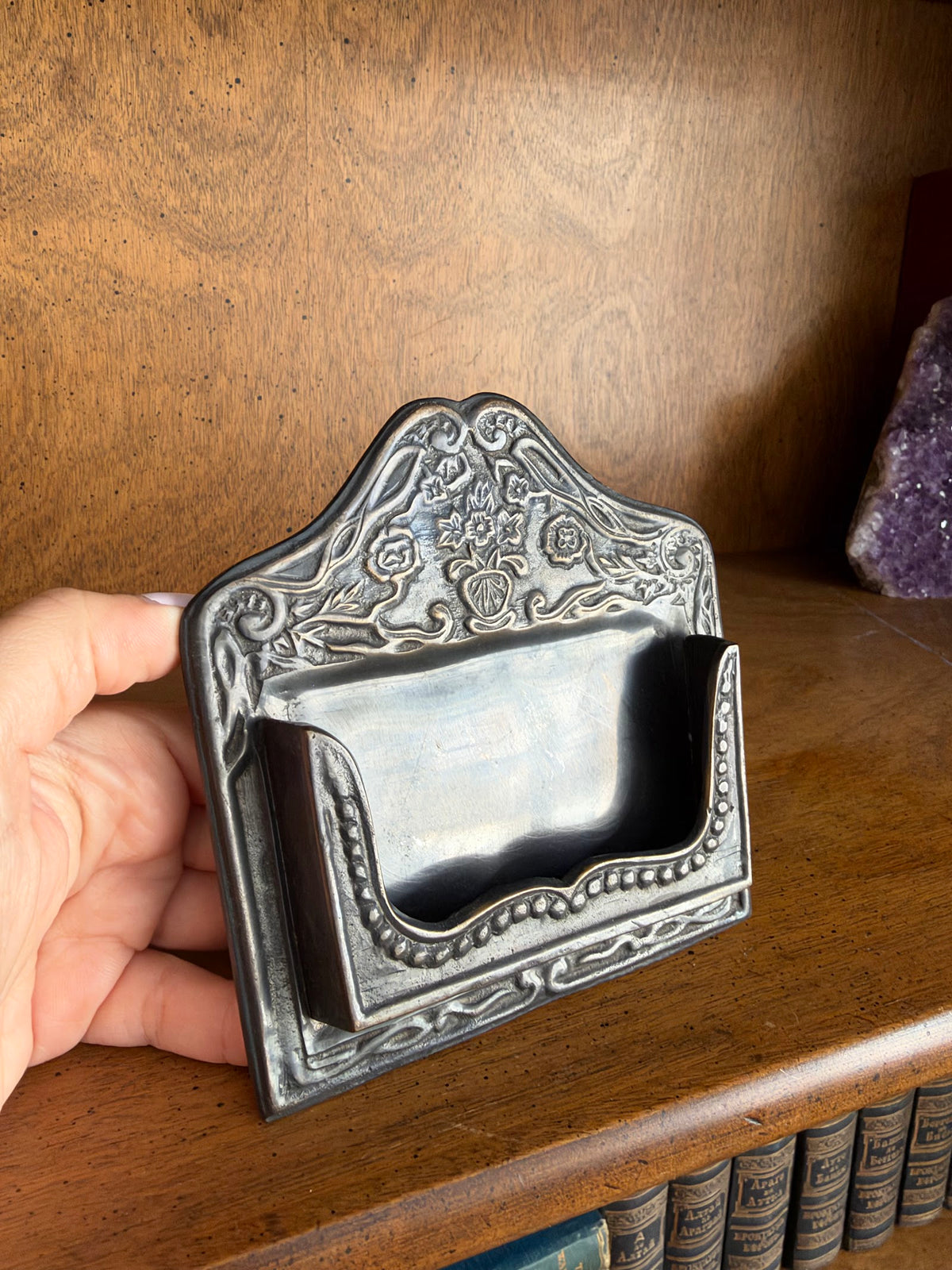 Vintage Bronze Art Nouveau Style Business Card Holder, Easel Back view 6