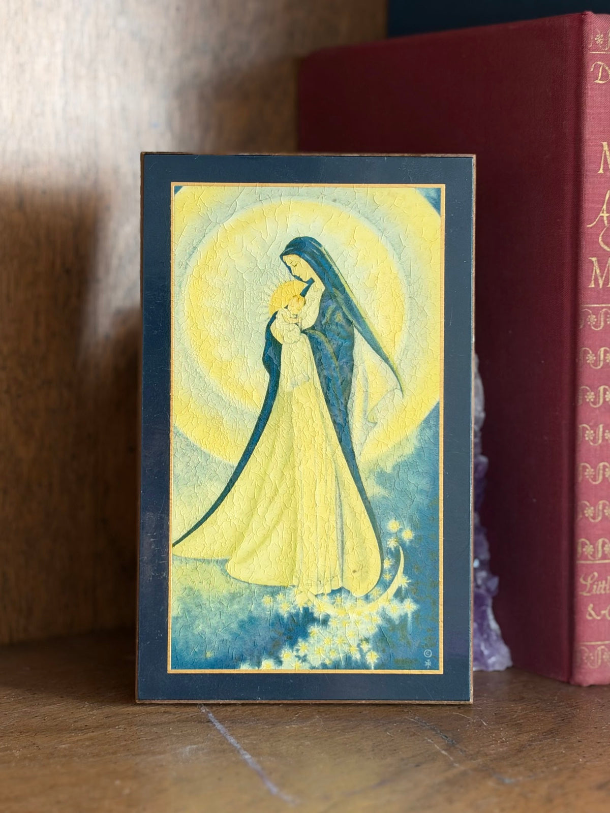 Vintage Madonna and Child Crackle Wood Plaque, Navy and Yellow