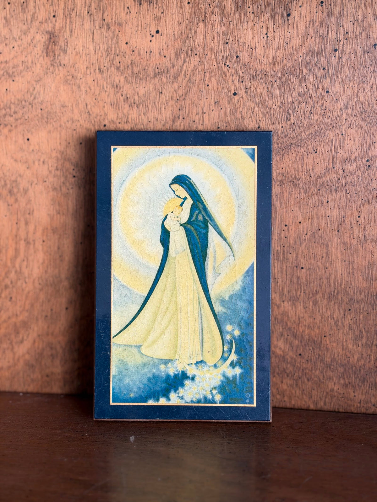 Vintage Madonna and Child Crackle Wood Plaque, Navy and Yellow view 2