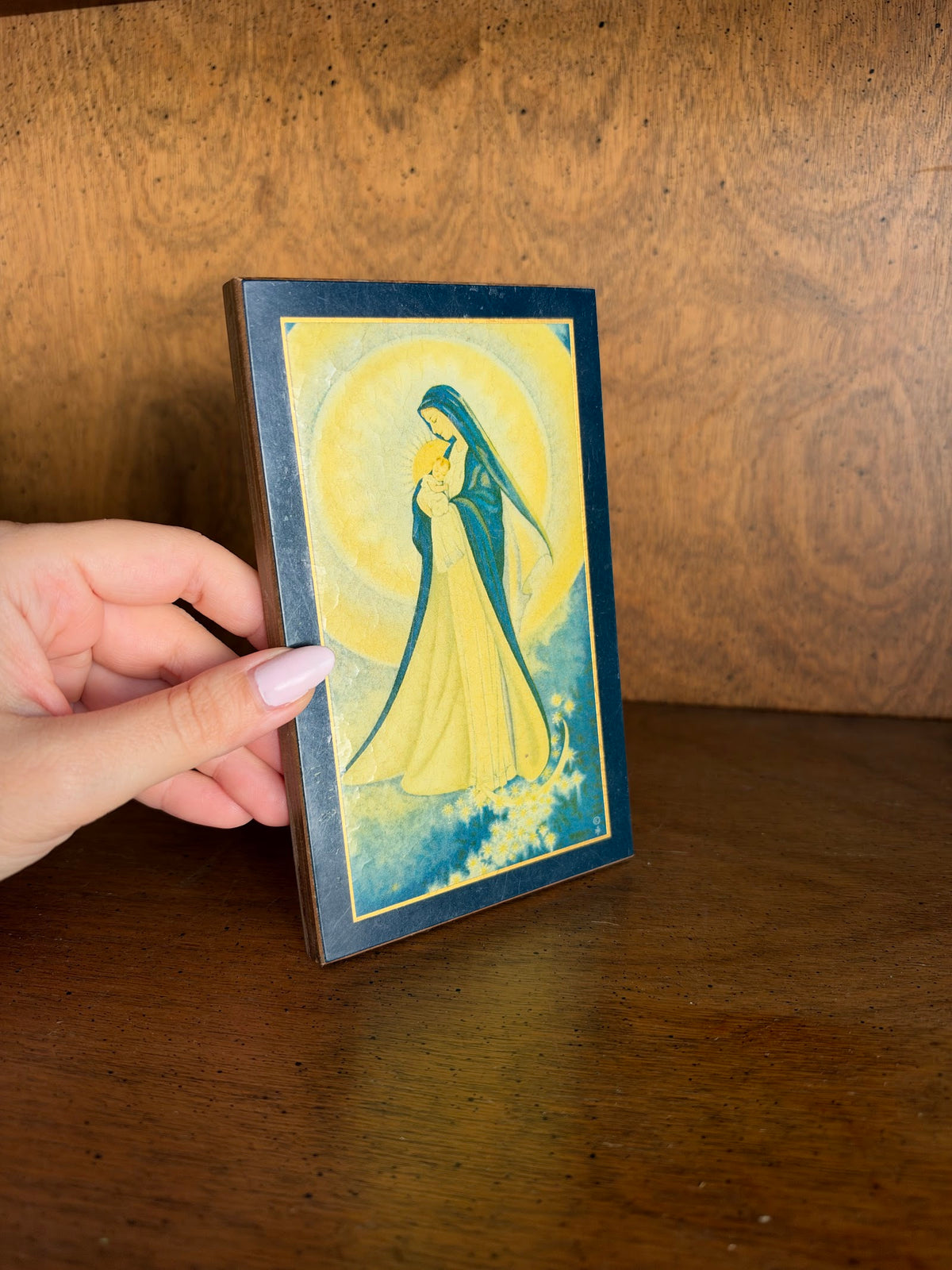 Vintage Madonna and Child Crackle Wood Plaque, Navy and Yellow view 3