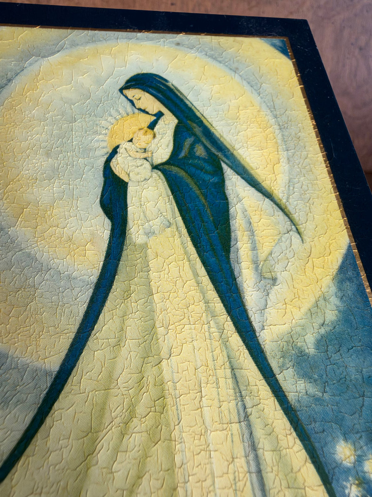 Vintage Madonna and Child Crackle Wood Plaque, Navy and Yellow view 4