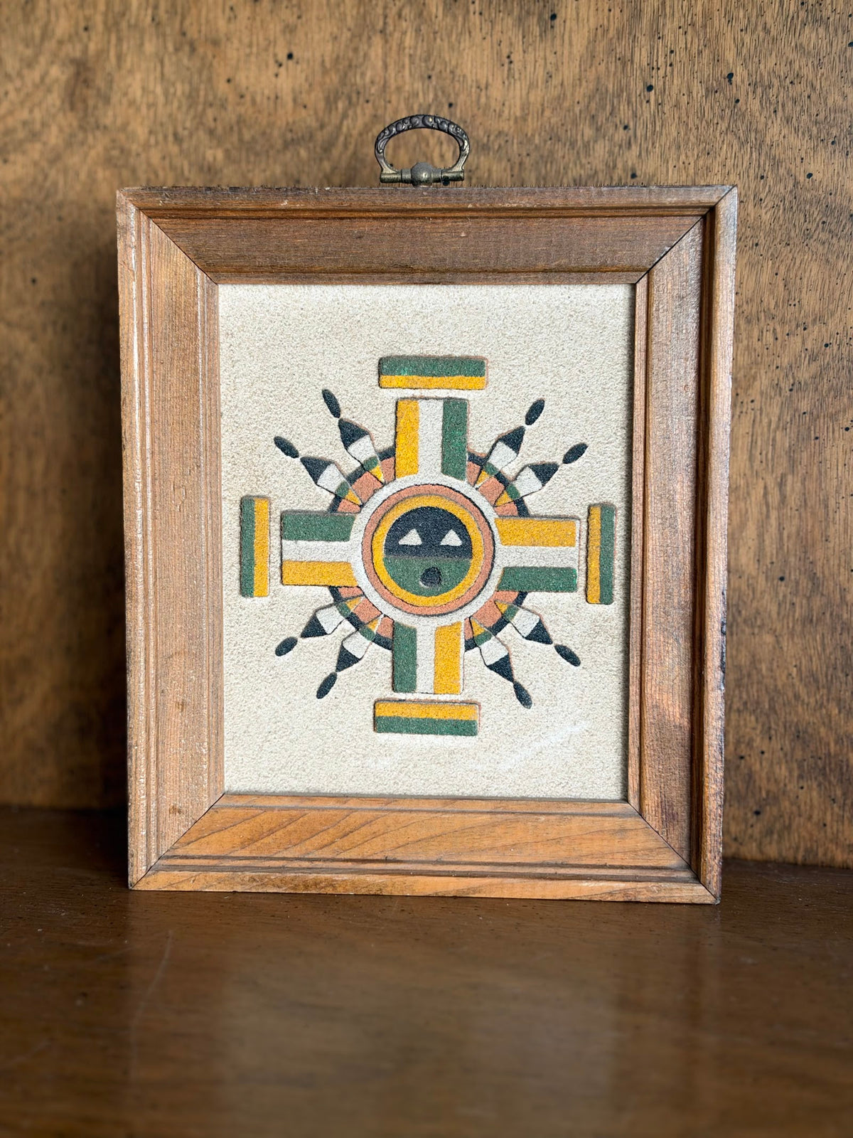 Vintage Framed Sand Painting Sun Symbol Drawing Water, Rainbow Way