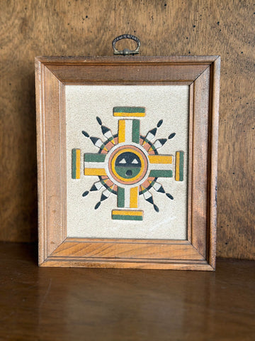 Vintage Framed Sand Painting Sun Symbol Drawing Water, Rainbow Way