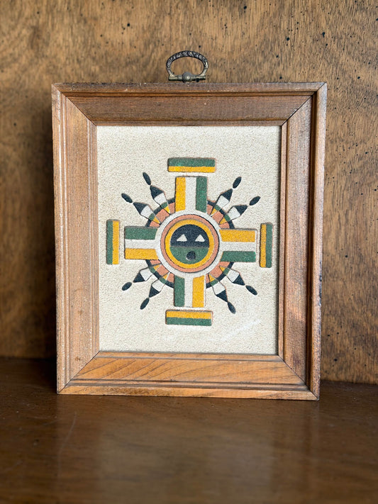 Vintage Framed Sand Painting Sun Symbol Drawing Water, Rainbow Way