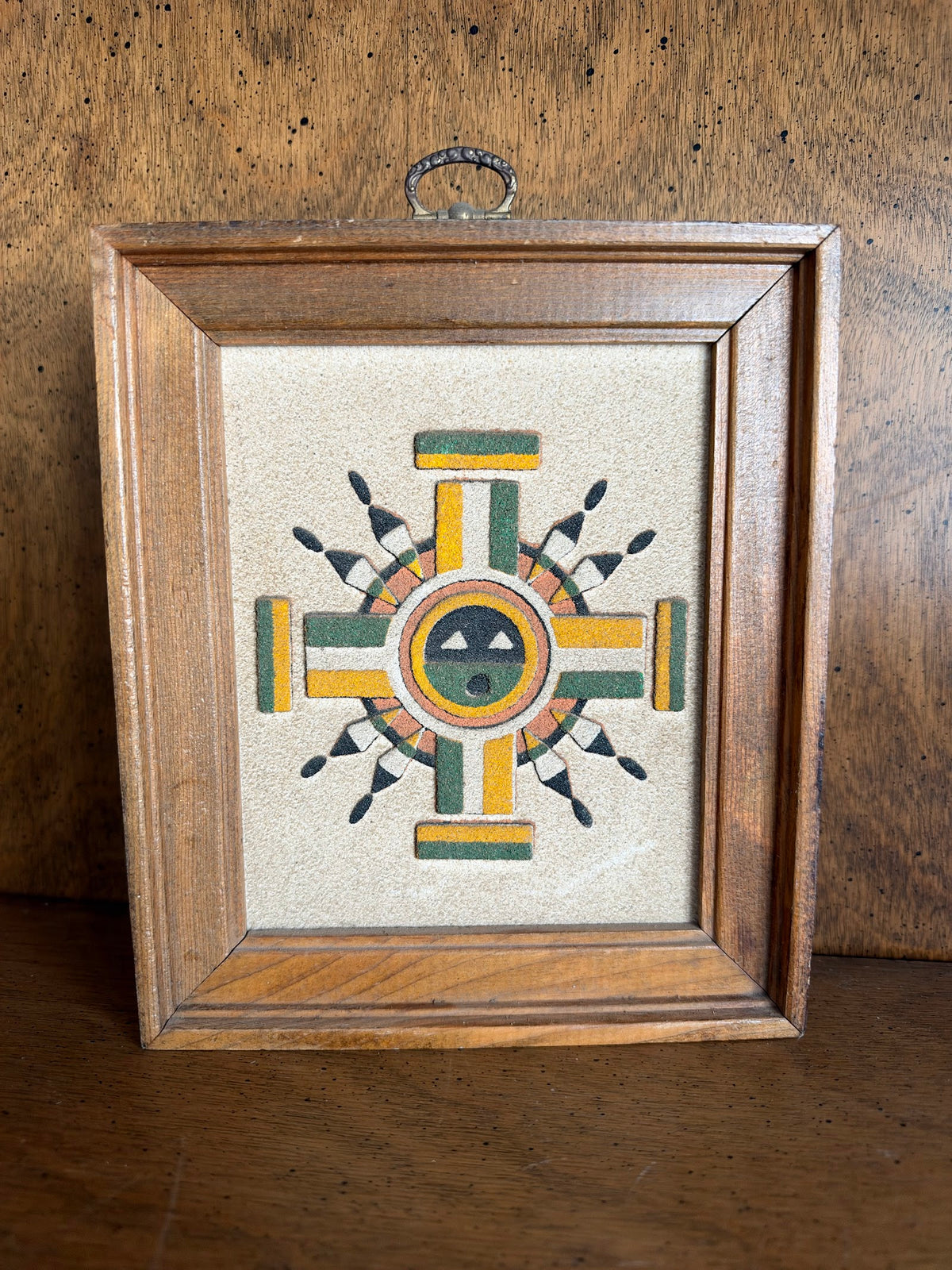 Vintage Framed Sand Painting Sun Symbol Drawing Water, Rainbow Way view 3