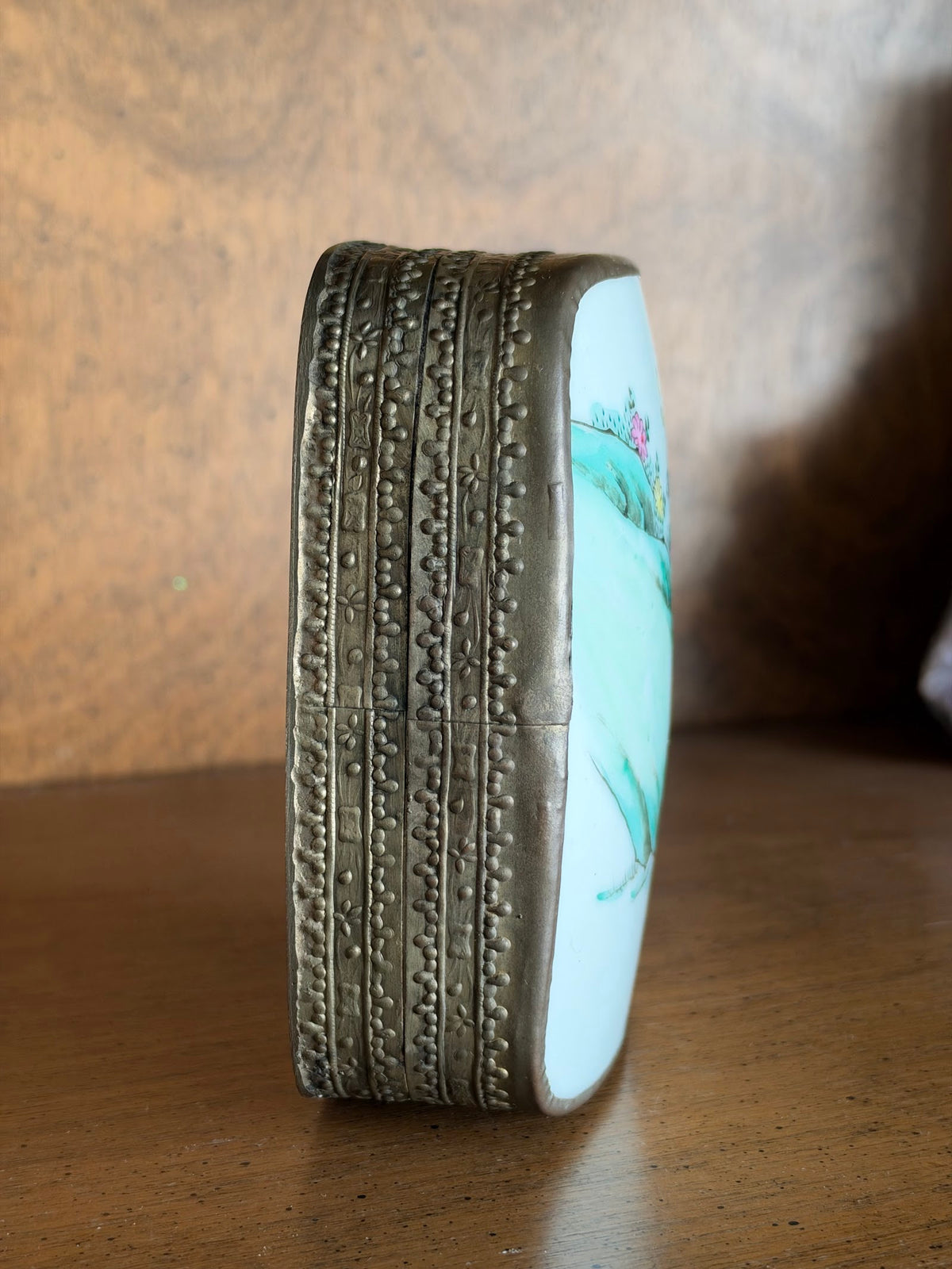 Vintage Porcelain Shard Box with Brass Frame, Lady and Child view 4
