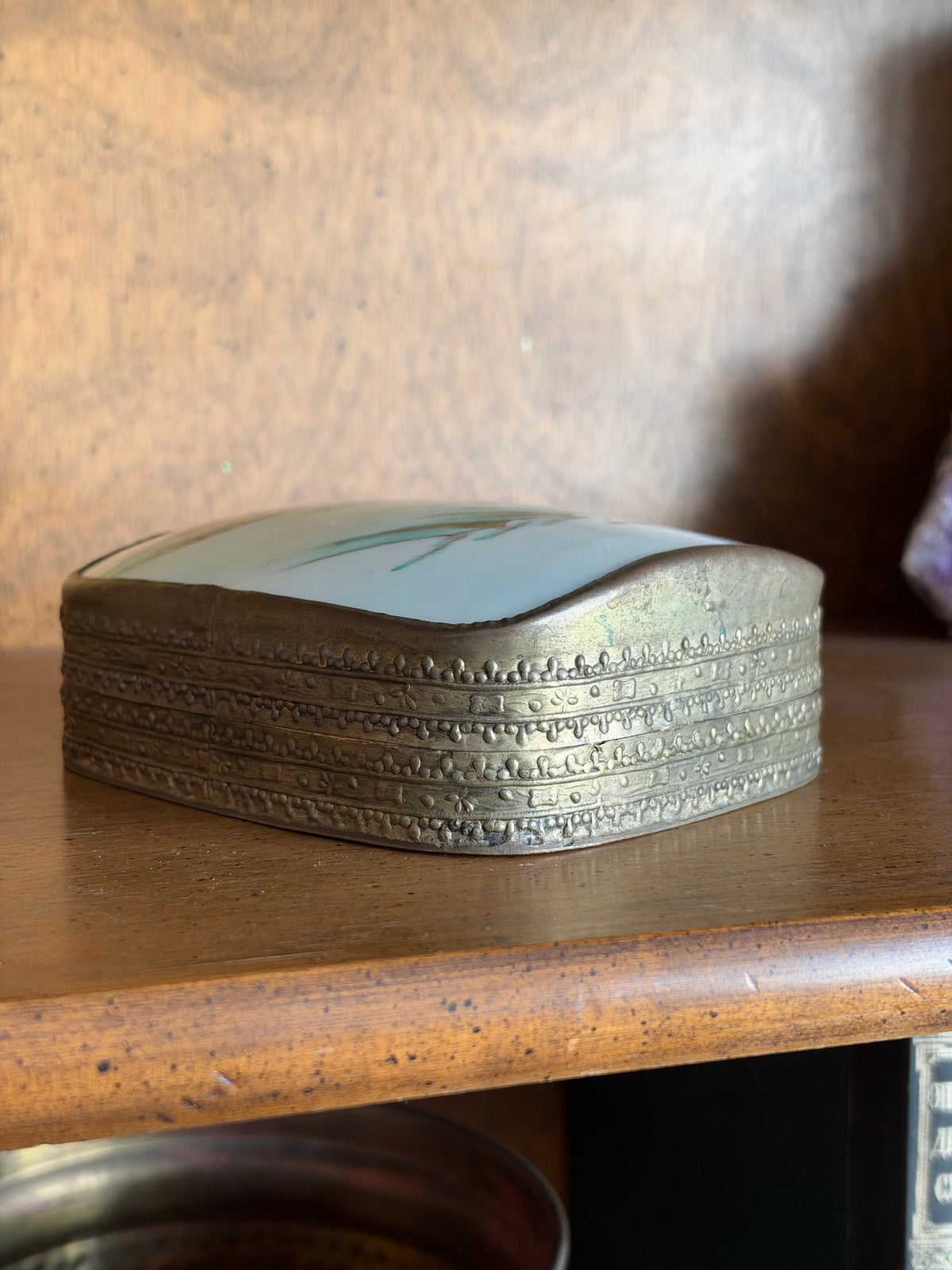 Vintage Porcelain Shard Box with Brass Frame, Lady and Child view 5
