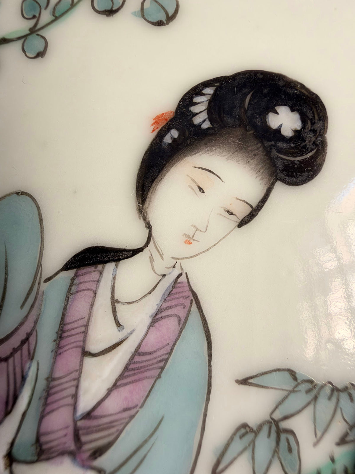 Vintage Porcelain Shard Box with Brass Frame, Lady and Child view 8