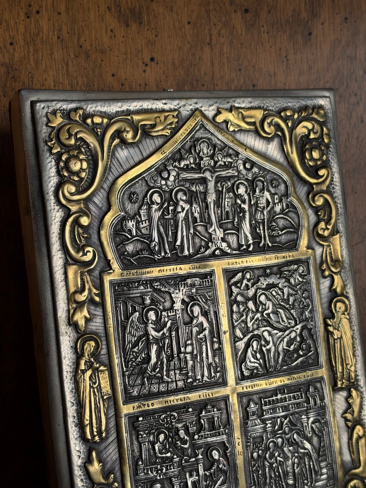 Vintage Embossed Orthodox Icon Plaque, Crucifixion and Four Feasts view 2