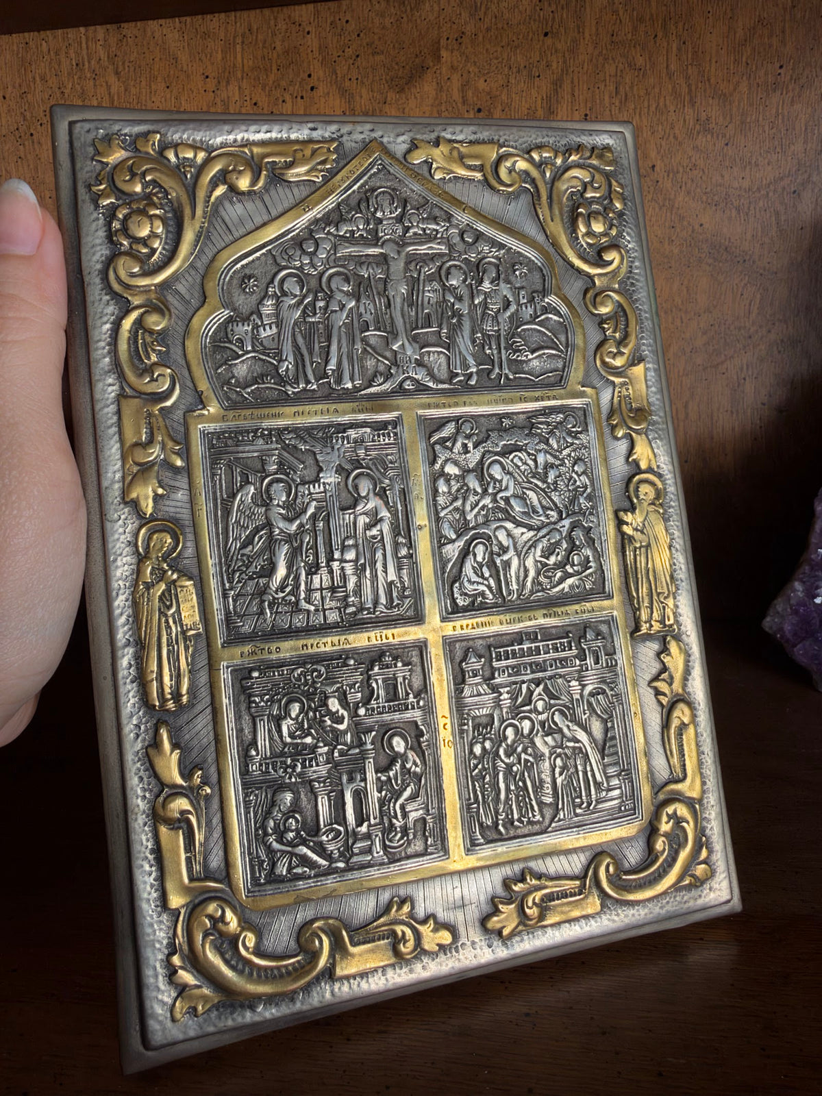 Vintage Embossed Orthodox Icon Plaque, Crucifixion and Four Feasts view 5