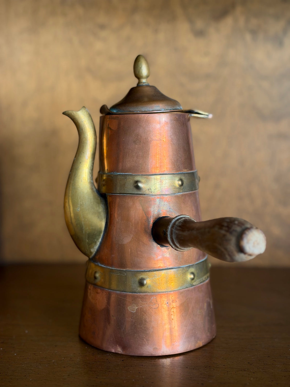 Vintage Mexican Copper and Brass Chocolate Pot with Wood Handle view 2