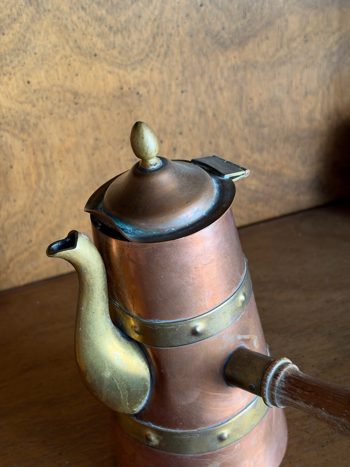 Vintage Mexican Copper and Brass Chocolate Pot with Wood Handle view 3