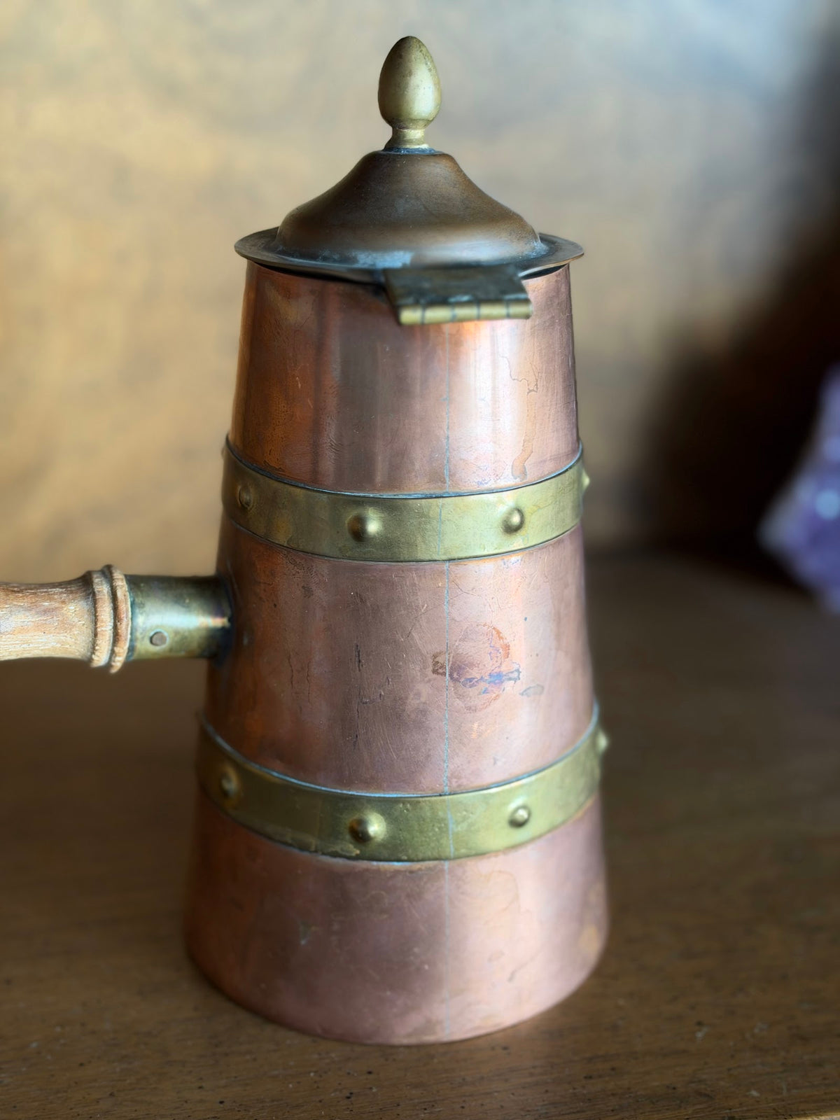 Vintage Mexican Copper and Brass Chocolate Pot with Wood Handle view 4