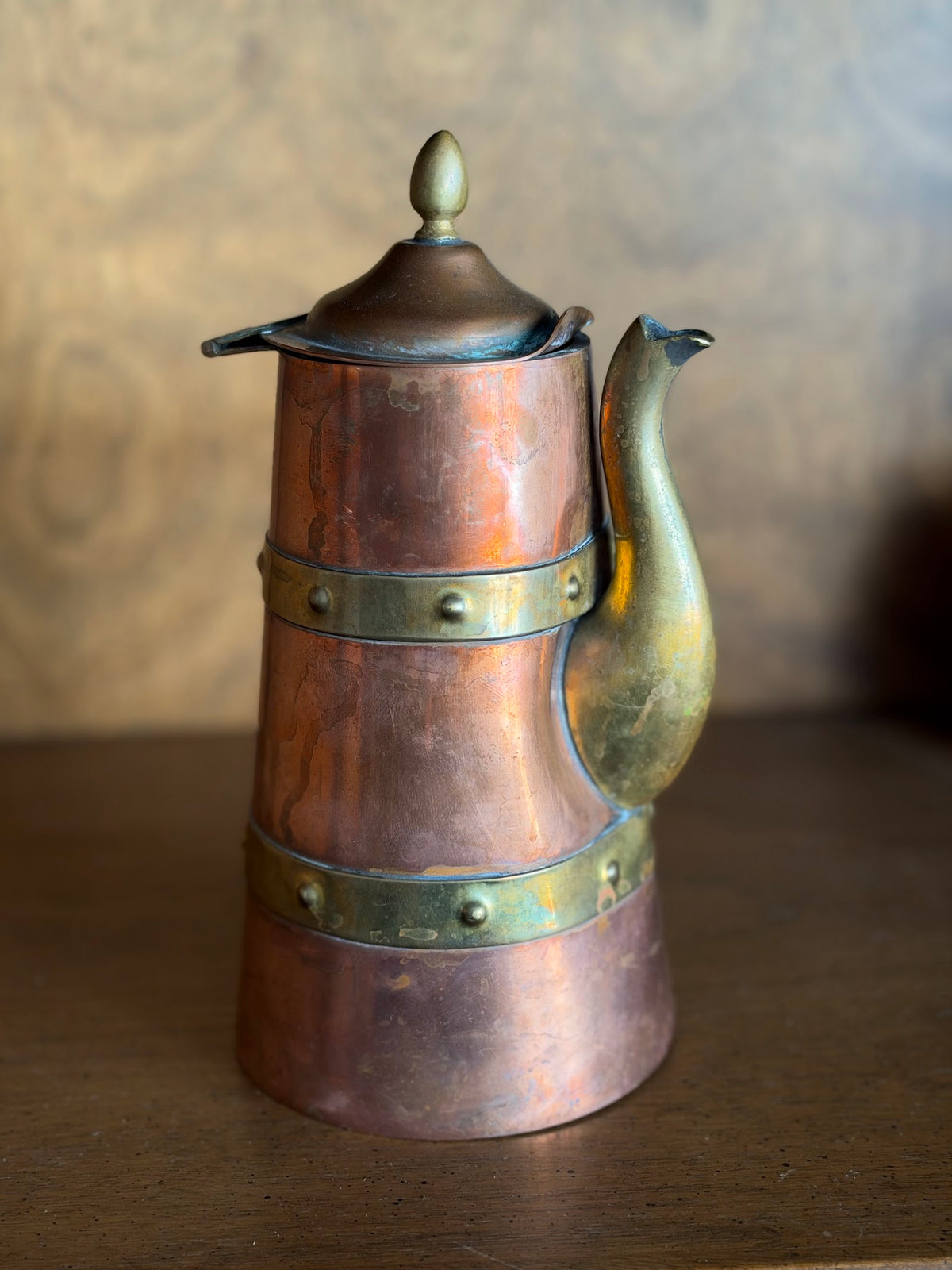 Vintage Mexican Copper and Brass Chocolate Pot with Wood Handle view 5
