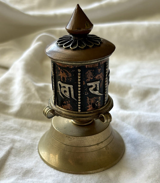 Vintage Tibetan Buddhist Prayer Wheel Brass Copper Mantra Scroll Tabletop Nepal