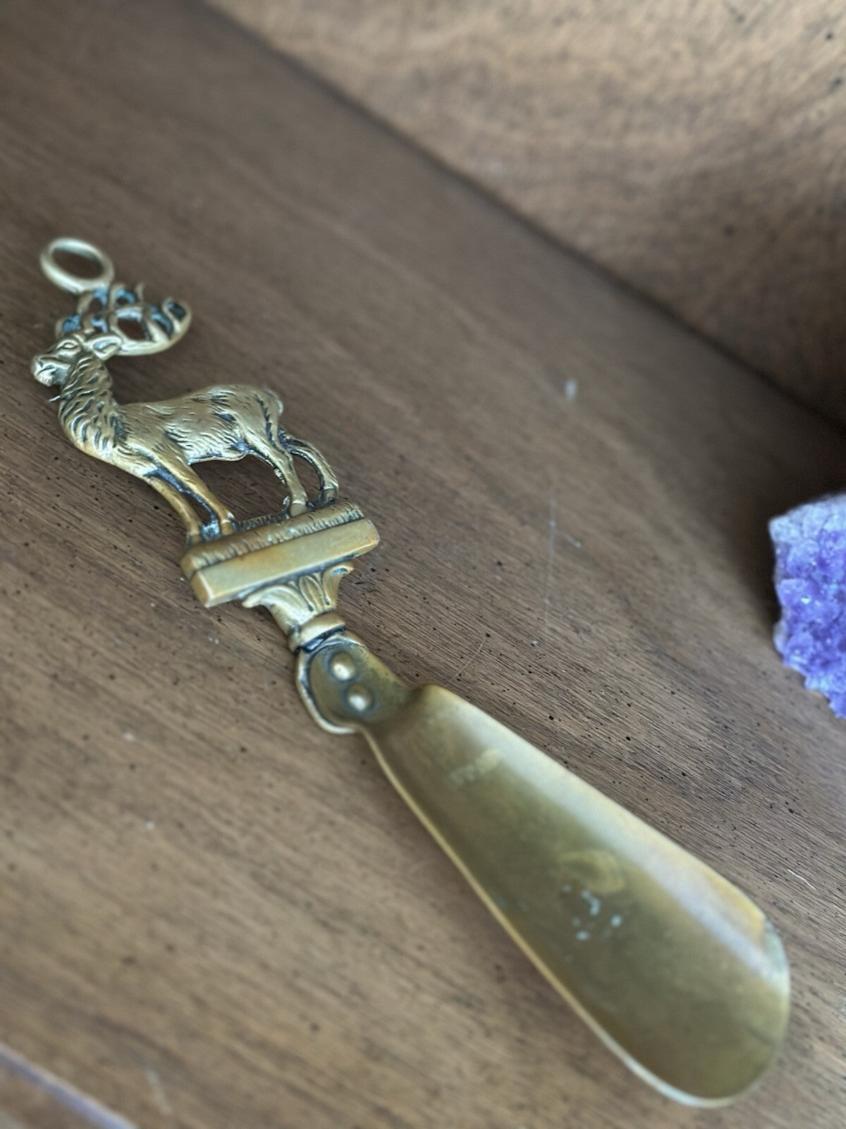 Vintage brass shoe horn with figural stag handle, photo 5