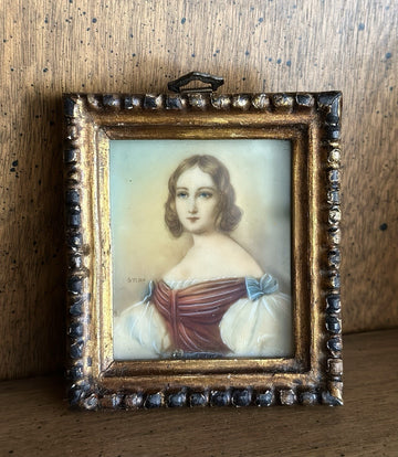 Antique signed portrait miniature of a lady in gilt frame