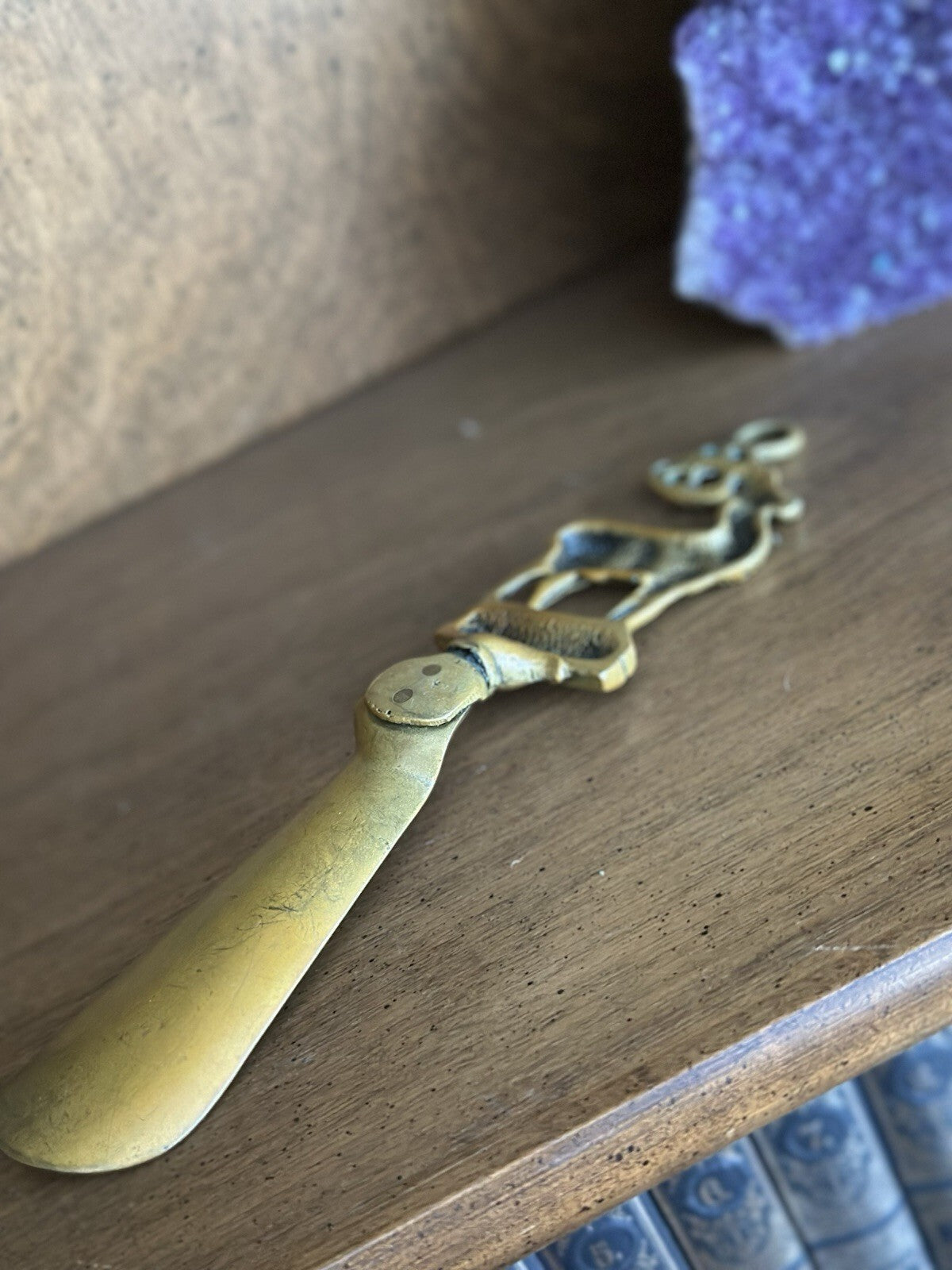 Vintage brass shoe horn with figural stag handle, photo 4