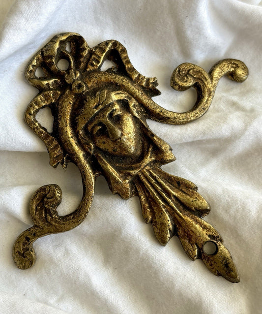 Antique Brass Bronze Furniture Mount Female Face Bow French Rococo Applique Gilt
