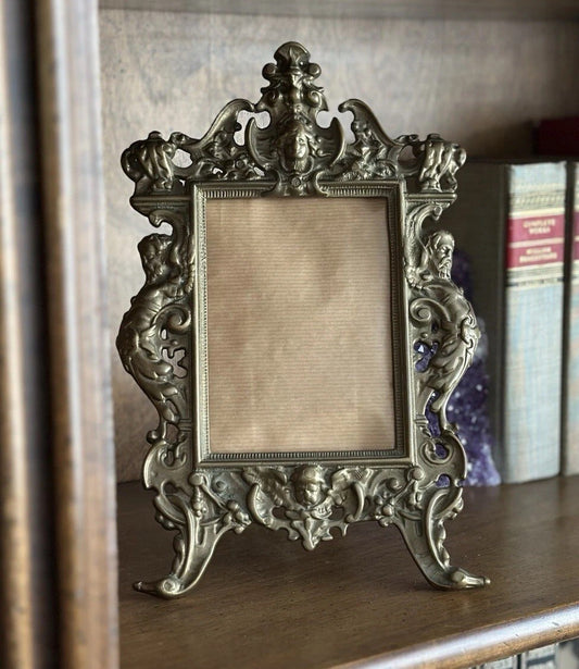 Antique Victorian Brass Picture Frame Cherub Figural Ornate Easel Rococo 4 X 5.5