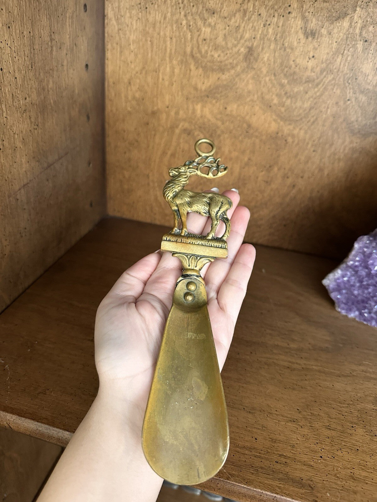 Vintage brass shoe horn with figural stag handle, photo 8