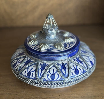 Vintage Moroccan Fes pottery lidded jar, blue and white with metal filigree